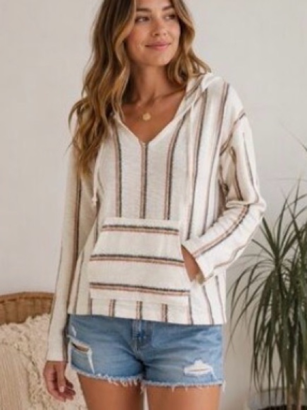 Ocean Drive Cream V-Neck Hoodie Sweater with Multicolor Stripes